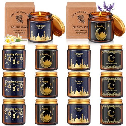 MTLEE 12 Pcs Ramadan Gifts Ramadan Mubarak Scented Candles Jar Eid Candles Eid Mubarak Muslim Scented Light Islamic Party Favors Gifts for Home Muslim Islam Festival Holiday Decor(Brown) - color: Brown