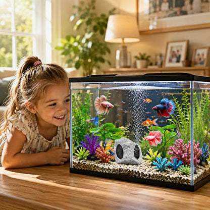 Fish Tank Decor, Aquarium Decor Set Betta Fish Tank Decorations with Artificial Green Plants & Hideaway Rock Cave for Betta Goldfish Turtle Reptile Decoration