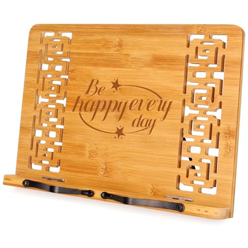 MEGREZ Book Stand for Reading (13.2 x 9.4 inch) Bamboo Cookbook Stand Holder for Kitchen, Adjustable Book Holder Stand for Tablet/Textbook Holder/Hollow Bookrest Stand, Be Happy Everyday - color: Be Happy Everyday
