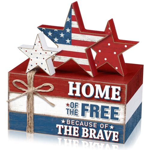 Geelin 4 Pcs 4th of July Wooden Book Stack Sign Decor, 250th Anniversary Patriotic Red White Blue USA Tabletop Decoration with Star Design, Rustic Farmhouse Tiered Tray Decor for Home Office Desk - style: Patriotic