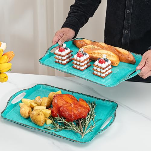 LEHAHA Large Farmhouse Melamine Serving Platters, Serving Tray with Handle for Food, Appetizer, Cupcakes, Dessert, Raised Edge Large Party Platter or TV Dinner Trays, 17.25x12 inch, Set of 2, Teal - color: Teal