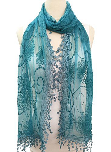 Cindy & Wendy Lightweight Soft Leaf Lace Fringe Scarf Bridal Shawl for Women - color: Tyh-aqua