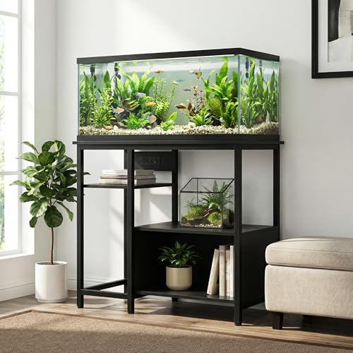 Patikuin Heavy Duty 40-50 Gallon Aquarium Stand – 4-Tier Metal & Wood Open Storage Shelves, Built-In Power Outlets, Sturdy Legs, Multi-Purpose Rack for Fish Tank, Terrarium & Home Storage - Black - color: Black, size: 36.6"