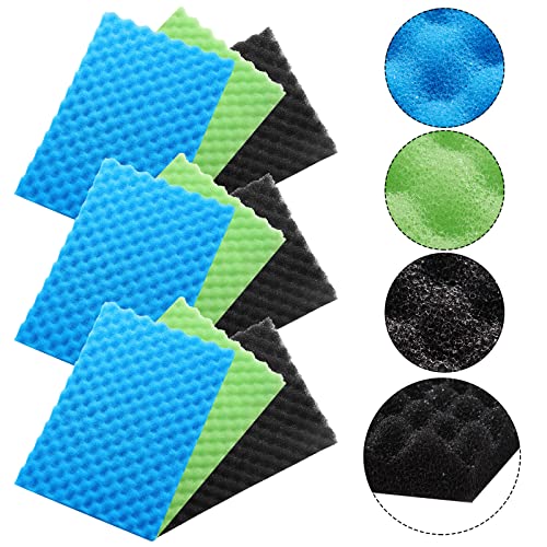 9 Pcs Fish Pond Foam Aquarium Filter Sponge Wave Shape Coarse Foam for Fish Tank Sump Pond 17 x 11 Inch x 1/2 to 1 Inch, Black, Green, Blue