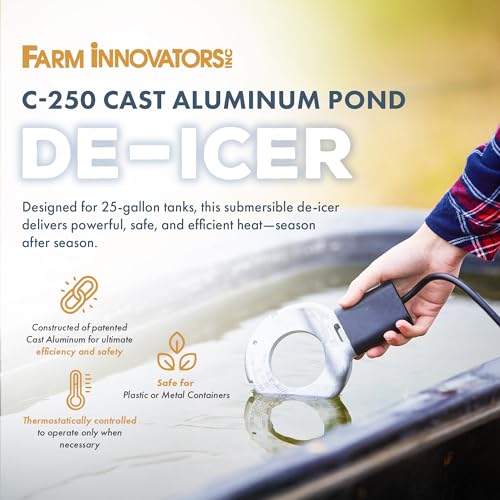 Farm Innovators Utility De-Icer for up to 25 Gallon Container - 250W Water Deicer- Ice Chaser Cast Aluminum Design for Plastic or Metal Water Container | Thermostatically controlled heater operates only when necessary, cast aluminum construction, plastic-