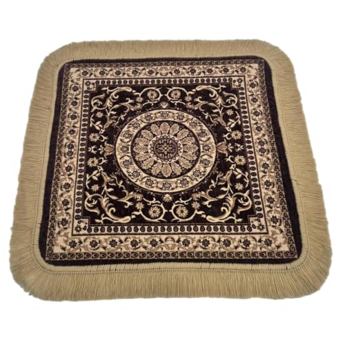 Soft Chenille Prayer Mat | 2x2 Feet Traditional Mandala Floral Pooja Aasan with Golden Fringes | Multipurpose Square Rug for Meditation, Yoga, Puja Room & Home (Pack of 2, Brown) - color: Brown, size: 2x2 Feet