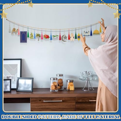 Briwooody 24 Pcs Ramadan Garland Banner Eid Mubarak Ramadan Decorations for Home Eid Mubarak Banner Set Islam Muslim Celebration Lesser Bairam Decoration for Home Fireplace Indoor Outdoor