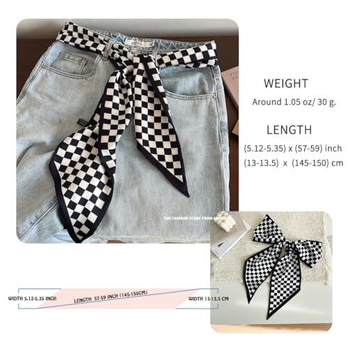 Silk Feeling Head Scarf Fashion Satin Hair Scarf Square Long Scarves for Women Gifts - color: 00 Black Checkerboard 5.12 X 59 Inch
