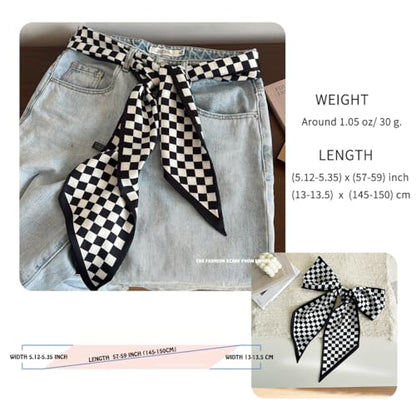 Silk Feeling Head Scarf Fashion Satin Hair Scarf Square Long Scarves for Women Gifts - color: 00 Black Checkerboard 5.12 X 59 Inch