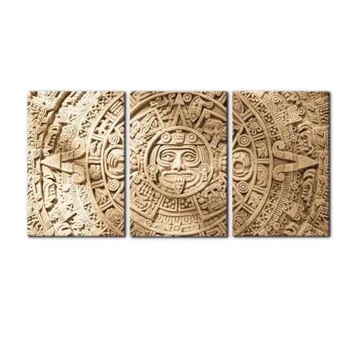 Pacimo 3 Pieces Framed Wall Art Decorations Aztec Calendar Painting Print on Canvas Mayan Civilization Wall Art for Home Office Decor Aztec Culture Modern Artwork Ready to Hang - 16"x24"x3 - color: Wallart-02, size: 16"x24"x3 Panels