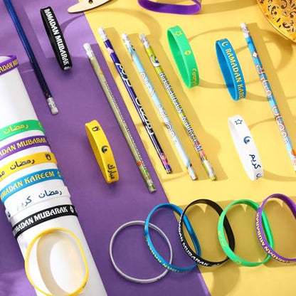 Feifeiya 96 Pcs Ramadan Eid Mubarak Gifts, Eid Pencils Ramadan Wristbands Party Favors Muslim Gifts for Kids Students Classroom Party Supplies - style: Ramadan Style