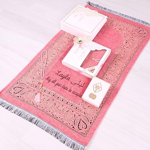 IEF Personalized Wedding Gifts Prayer Mat, Eid Gifts Quran Prayer Beads Set Birthday Gifts for Women Mother's Day Gifts Anniversary Gift Chenille Prayer Rug Pearl Prayer Beads Arabic Quran (Pink) - color: Pink