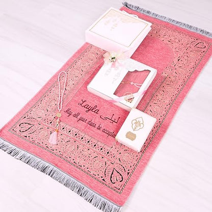 IEF Personalized Wedding Gifts Prayer Mat, Eid Gifts Quran Prayer Beads Set Birthday Gifts for Women Mother's Day Gifts Anniversary Gift Chenille Prayer Rug Pearl Prayer Beads Arabic Quran (Pink) - color: Pink