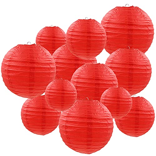 Red Paper Lanterns 12 Pcs Assorted Size of 6" 8" 10" 12" Chinese Round Paper Hanging Decorations Ball Lanterns Lamps for Home Decorations, Parties, and Weddings - color: Red