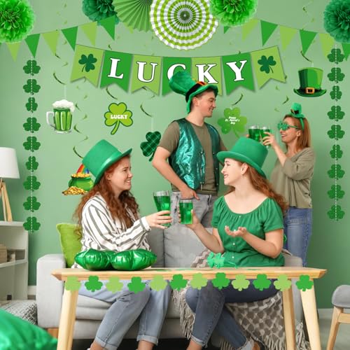St. Patrick's Day Decorations Kit Shamrock Garlands Hanging Swirls Lucky Banner for Saint Patrick's Day Party Decor, Green Paper Fans Pom Poms Irish Decor for Home Saint Patrick Party Supplies - style: St. Patrick's Day