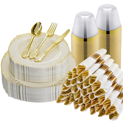 Bestluck 175PCS Ivory Disposable Dinnerware for 25 Guests - color: Ivory White, size: 25 Guests Set