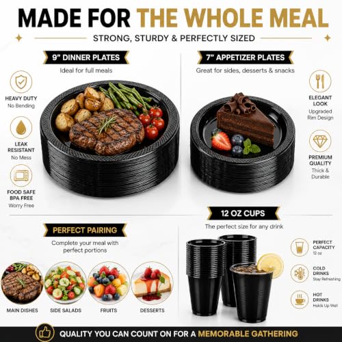 Tinybee 352 Pcs Black Plastic Plates, Disposable Dinnerware Set for 50 - color: Black