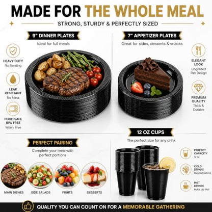 Tinybee 352 Pcs Black Plastic Plates, Disposable Dinnerware Set for 50 - color: Black