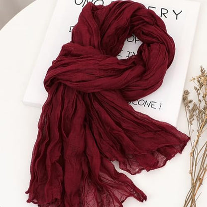Women Crinkle Spring Scarf Shawls Summer Long Scarves Lightweight Hijab Wraps Soft Linen Cotton for Beach Travel - color: Wine Red