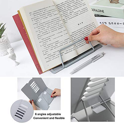 MSDADA Desk Book Stand Metal Reading Rest Book Holder Angle Adjustable Stand Document Holder Portable Sturdy Lightweight Bookstands-Textbooks Tablet Music Books Cook Recipe (Grey) - color: Grey
