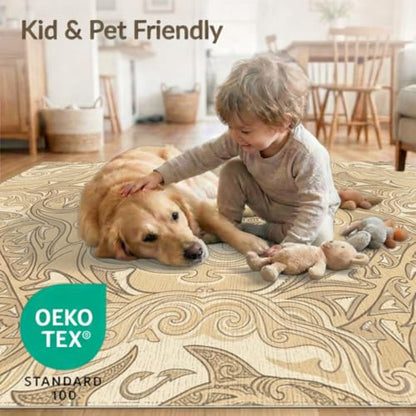 6'x9' Washable Geometric Shark Area Rug, Cream Foldable Non-Slip Large Carpet Foldable Easy Care Carpet for Queen Size Bedroom, Under Bed, Master Bedroom | Ref:2067661 - color: Beige/Pattern 19, size: 6' x 9' (Rectangular)