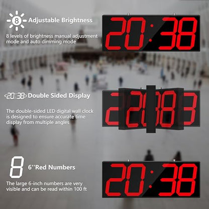 CHKOSDA Digital Wall Clock with Double Sided Display, Large LED Clock with Timer,Alarm,Temperature and Date,Two Faced Hanging Digital Clock Large Display for Multiple Public Places(Red) - color: Red