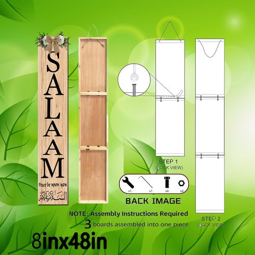 Salaam Weclome Sign for Front Door Peace Be Upon You Islamic Home Decor 8x48inch Vertical Wooden Eid Door Hanger for Muslim Islamic Wedding Gift