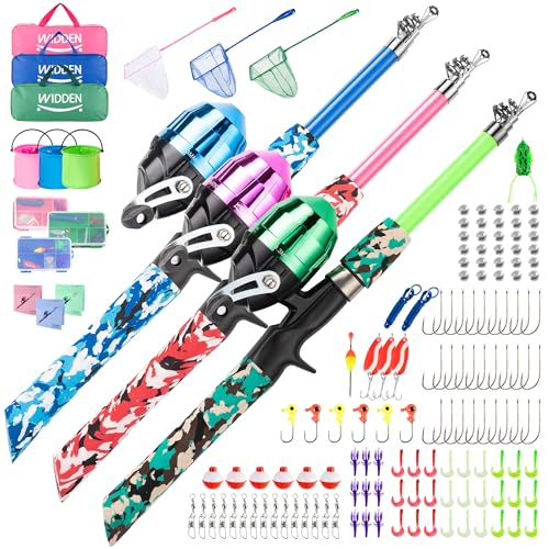 WIDDEN Kids Fishing Pole, Portable Telescopic Kids Fishing Poles for Boys and Girls, Fishing Rod and Reel Combo Kit with Tackle Box, and Fishing Net, Best Fishing Pole for Toddler Youth - color: Pink+Blue+Green