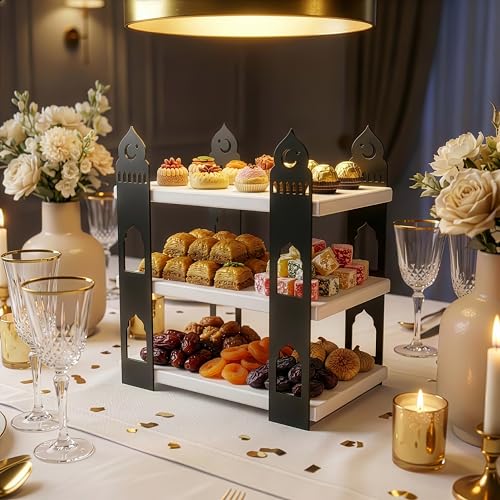 Iwa Concept Modern Metal & Wood Ramadan 3-Tier Serving Tray - Mosque Silhouette Eid Mubarak Table Centerpiece - Islamic Dessert Tower for Dates, Sweets & Pastries - Luxury Holiday Home Decor & Gift - color: Black White