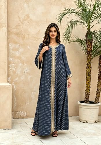 Women Muslim Abaya Dress V Neck Embroidered Kaftan Long Sleeve Loose Islamic Maxi Prayer Robe for Ramadan Eid - color: Navy Blue, size: Large