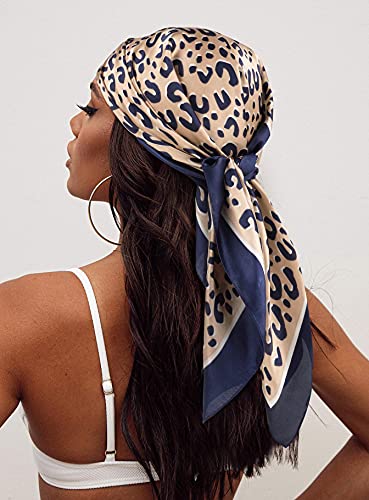 GERINLY Silk Hair Scarf Animal Print Leopard Neck Scarf Summer Neckerchief for Women Bag Purse Accessory - color: Khakinavy