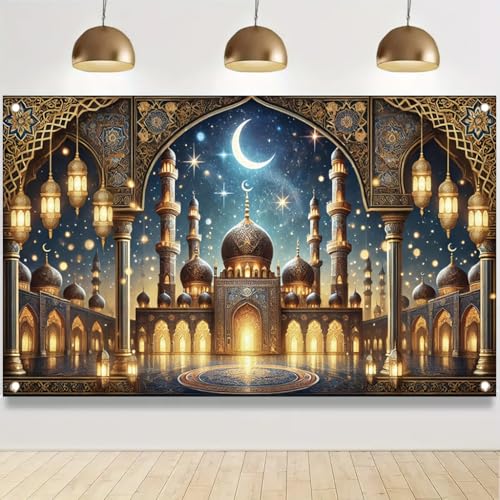 Ramadan Banner 71x43 Inch Crescent Moon and Mosque Night Scene Decoration for EidMubarak lslamic Festival Party Indoor Outdoor Decor - color: Style 3