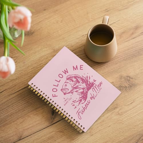 WUCHJ Pink Retro Fish Christian Notebook, Matthew 4:19 Bible Verse Journal, Religious Scripture Spiral Notebook Journal for Note Taking, Christian Faith Based Gifts for Women Men, 5.5x8.3 Inch - color: pink fish follow me