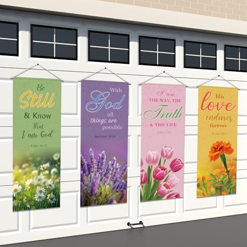 Panelee 4 Pcs Church Banners for Sanctuary Wall Blooming Flower Church Banners with Scripture Inspirational Religious Praise Bible Verses Hanging Backdrop Signs for Sunday School Worship Decoration - style: Bible Flower