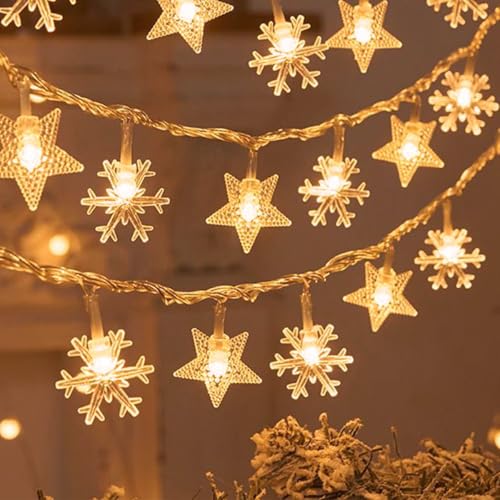 New Year Stars and Snowflakes Hanging String Lights, 20 LED Durable Warm Yellow Fairy Lights,Winter Birthday Mubarak Ramadan Kareem Patio Wedding Party Window Wall Indoor Outdoor Xmas Tree Decorations