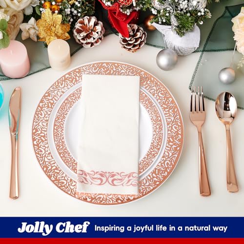 𝟮𝟭𝟬 Count Rose Gold Plastic Dinnerware Disposable Plates 30 Dinner & 30 Dessert Plates & 30 Cups & 30 Rose Gold Paper Napkins & 30 Plastic Silverware Set - color: Rose Gold