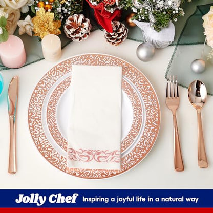 𝟮𝟭𝟬 Count Rose Gold Plastic Dinnerware Disposable Plates 30 Dinner & 30 Dessert Plates & 30 Cups & 30 Rose Gold Paper Napkins & 30 Plastic Silverware Set - color: Rose Gold