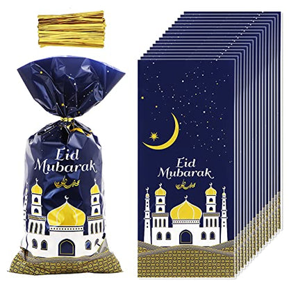 2026 Eid Mubarak Goodie Bags, 100 Pieces Muslim Castle Moon Star Pattern Ramadan Treat Bags Cellophane Bags Goody Favor Bags with Gold Twist Ties for Muslim Islamic Eid Iftar Diwali Party Kids Gifts - color: Blue