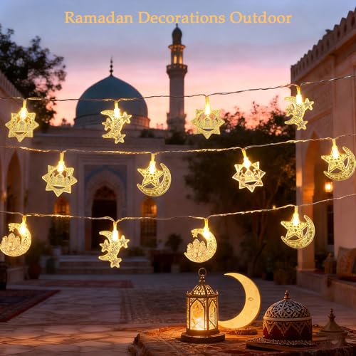 Ramadan String Lights, 9.8ft 20LEDs Moon Star Ramadan Lights with Remote Control, 8 Lighting Modes & 2 Brightness Levels, Ideal for Eid Ramadan Mubarak Decorations for Home Indoor Outdoor