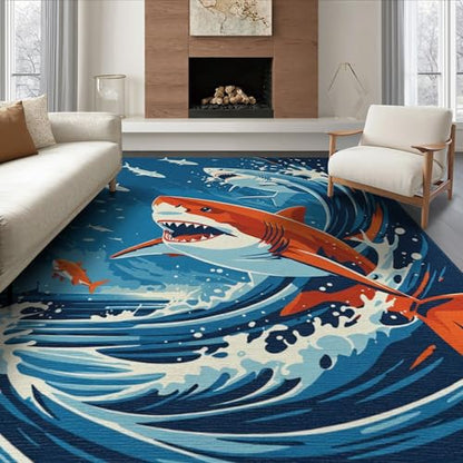 8'x10' Washable Modern Wave Large Rug, Navy Blue Non-Shedding Pet Friendly Carpet for King Size Bedroom, Master Suite, Under Bed, Foldable Easy Care Mat | Ref:2070038 - color: Blue/Pattern 15, size: 8' x 10' (Rectangular)