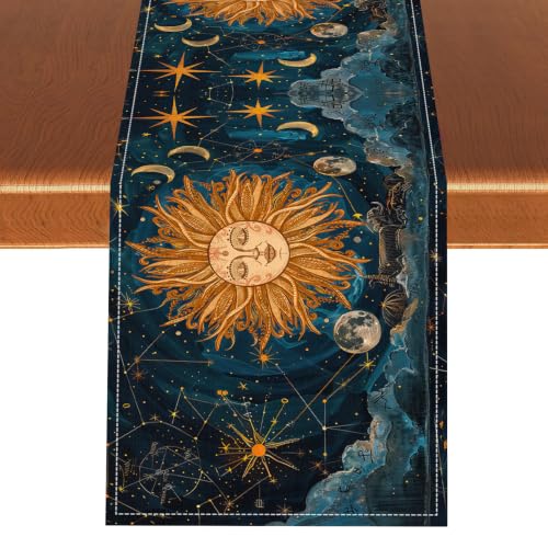 Sun Moon Table Runner, Astrology Mystical Sun Moon Stars Clouds Watercolor Tarot Gothic Holiday Kitchen Dining Table Runner for Kitchen Living Room Home Party Decor 13x36 inches - color: Tr-moon01, size: 13x36" Table Runner
