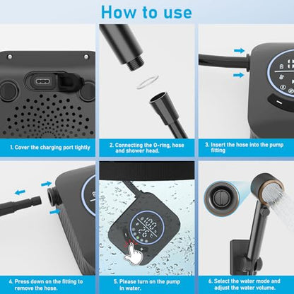 GOSCHE Portable Camping Shower, 8000mAh Rechargeable Outdoor Shower Pump with 20L Collapsible Bucket, Intelligent LED Display, IPX8 Waterproof Pump for RV, Travel, Hiking, Pet Bath, Beach