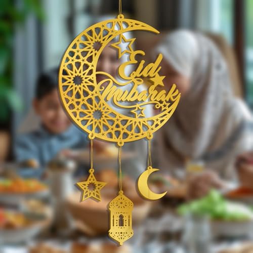 FUNCATCHER Ramadan Decorations for Home - 8.5x8.5 Inch Golden Acrylic Crescent Moon Hanging Ornaments, Islamic Eid Wall Door Decor (1, B)