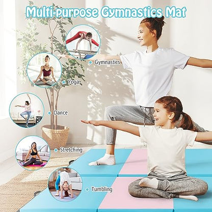 GYMAX Gymnastics Mat, 4 FT x 8 FT x 2 Inches Folding Exercise Mat w/Carry Handles & Sturdy Stitching Waterproof Cover, Tumbling Mat for Yoga Stretching Martial Arts Home Gym - color: Pink & Blue
