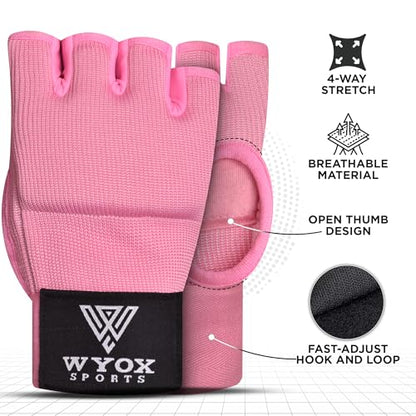 WYOX Boxing Hand Wraps Inner Gloves & Curved Focus Mitts Bundle for Men & Women Adults – 80cm Wrist Support, Gel Padding, MMA Muay Thai Kickboxing Training Gloves & Pads