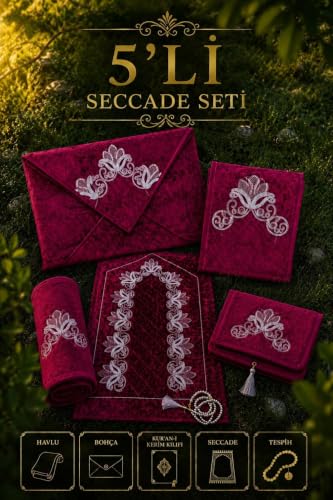 Embroidered Quilted Prayer Rug Set | Burgundy | 27.5 x 43.3 inches | Includes Towel, Pouch, Quran Cover, and Prayer Beads | Soft Velvet Texture for Knee Comfort | appropriate for Gifts & Dowry - Burgu