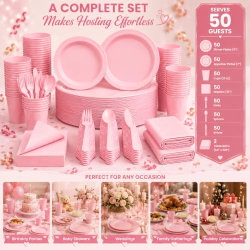 Tinybee 352 Pcs Pink Plastic Plates, Disposable Dinnerware Set for 50 - color: Pink