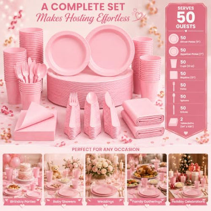 Tinybee 352 Pcs Pink Plastic Plates, Disposable Dinnerware Set for 50 - color: Pink