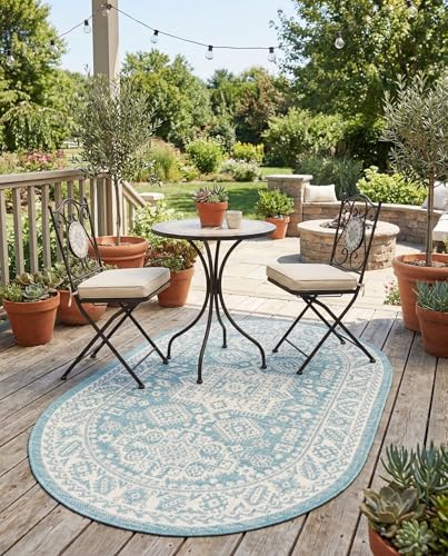 Rugs.com - Outdoor Aztec Rug – 3' 1 x 5' 3 Oval Aqua Indoor/Outdoor Rug – Flatweave Washable Area Rug for Patios, Decks, and Porches - color: Aqua, size: 3' x 5' (Oval)