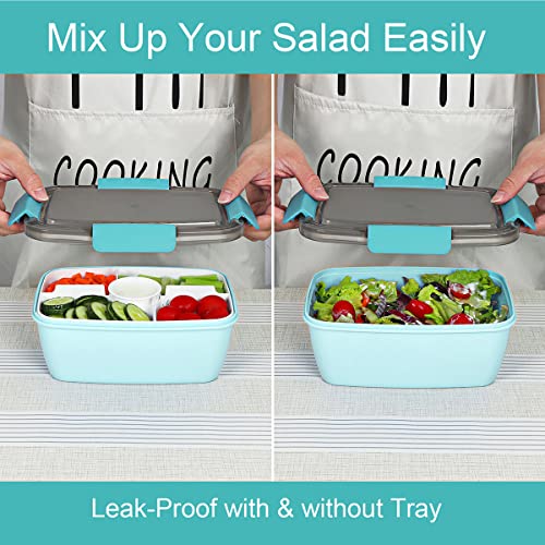 Caperci Large Salad Container Bowl for Lunch - Better Adult Bento Lunch Box 68 oz, 5-Compartment Tray, 2pcs 3-oz Sauce Cups, Stackable, BPA-Free (Aqua Sky) - color: Aqua Sky